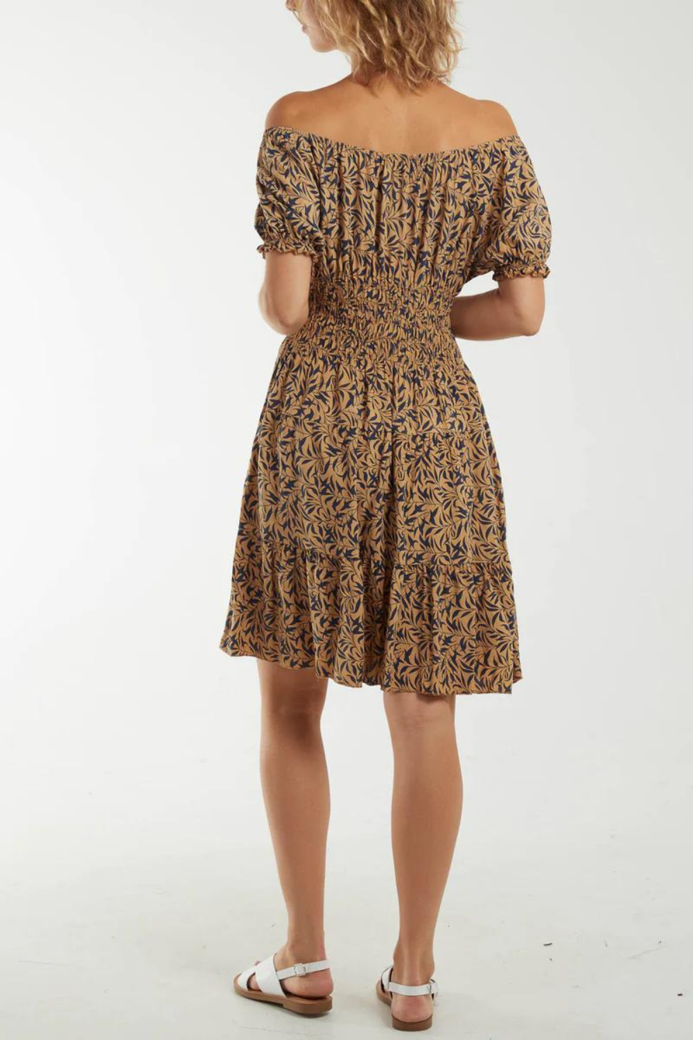 Oversized Off Shoulder Shirred Waist Button Down Mini Dress with Leaf Print in Camel