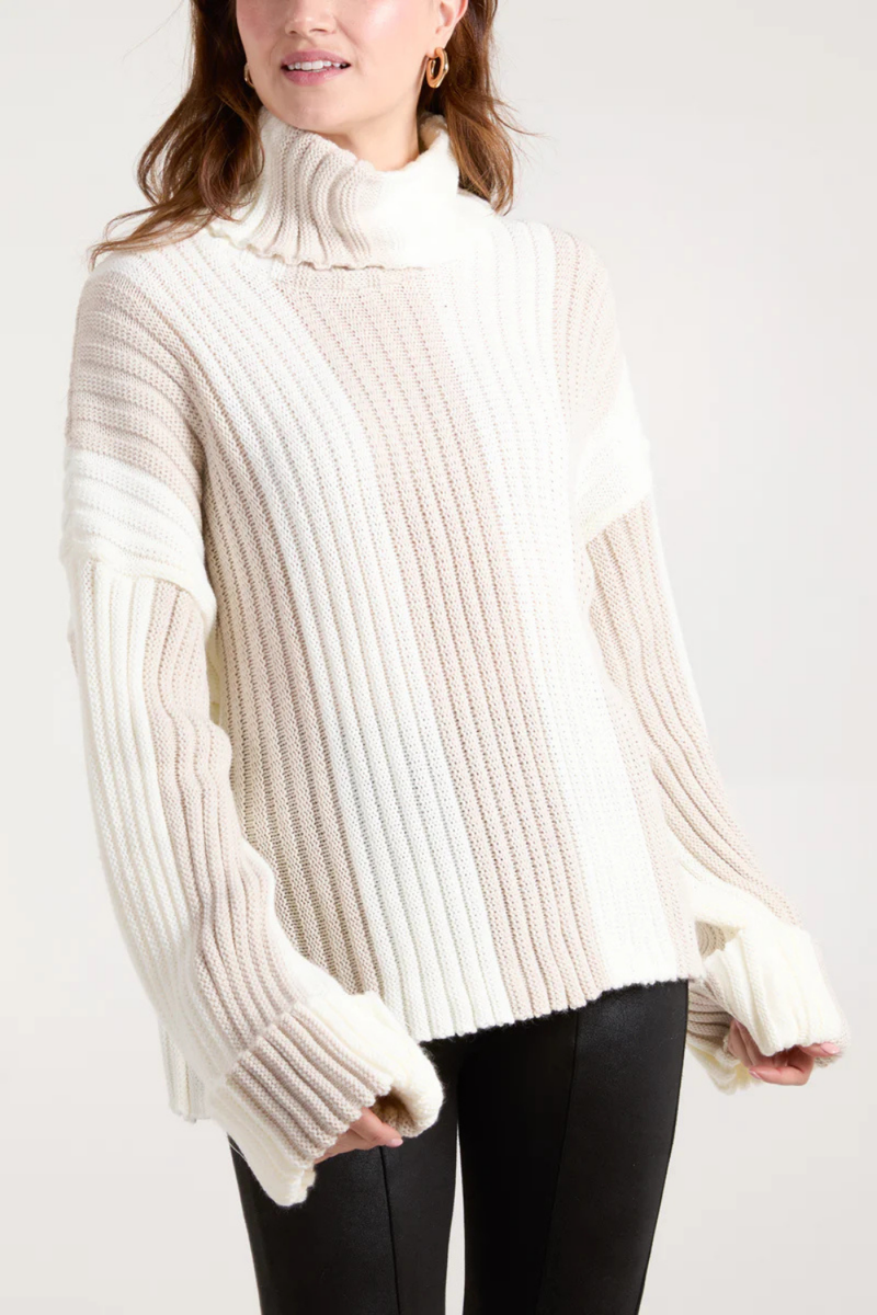 Oversized Roll Neck Detailed Vertical Striped Jumper in Beige and White