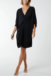 Oversized 3/4 Sleeve V Neck Midi Dress with Twist Front Detail in Black