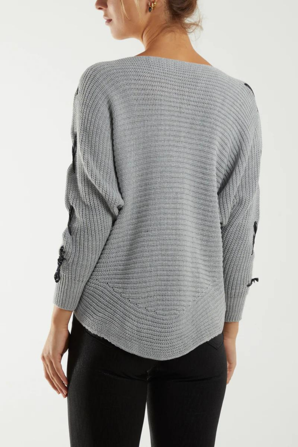 Oversized Knitted Long Sleeves Jumper with Ribbon Details in Grey
