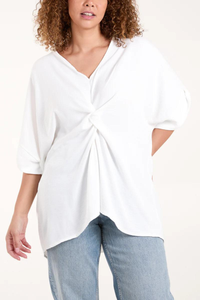 Oversized Short Sleeves Twist Front Cocoon Tunic Top in White