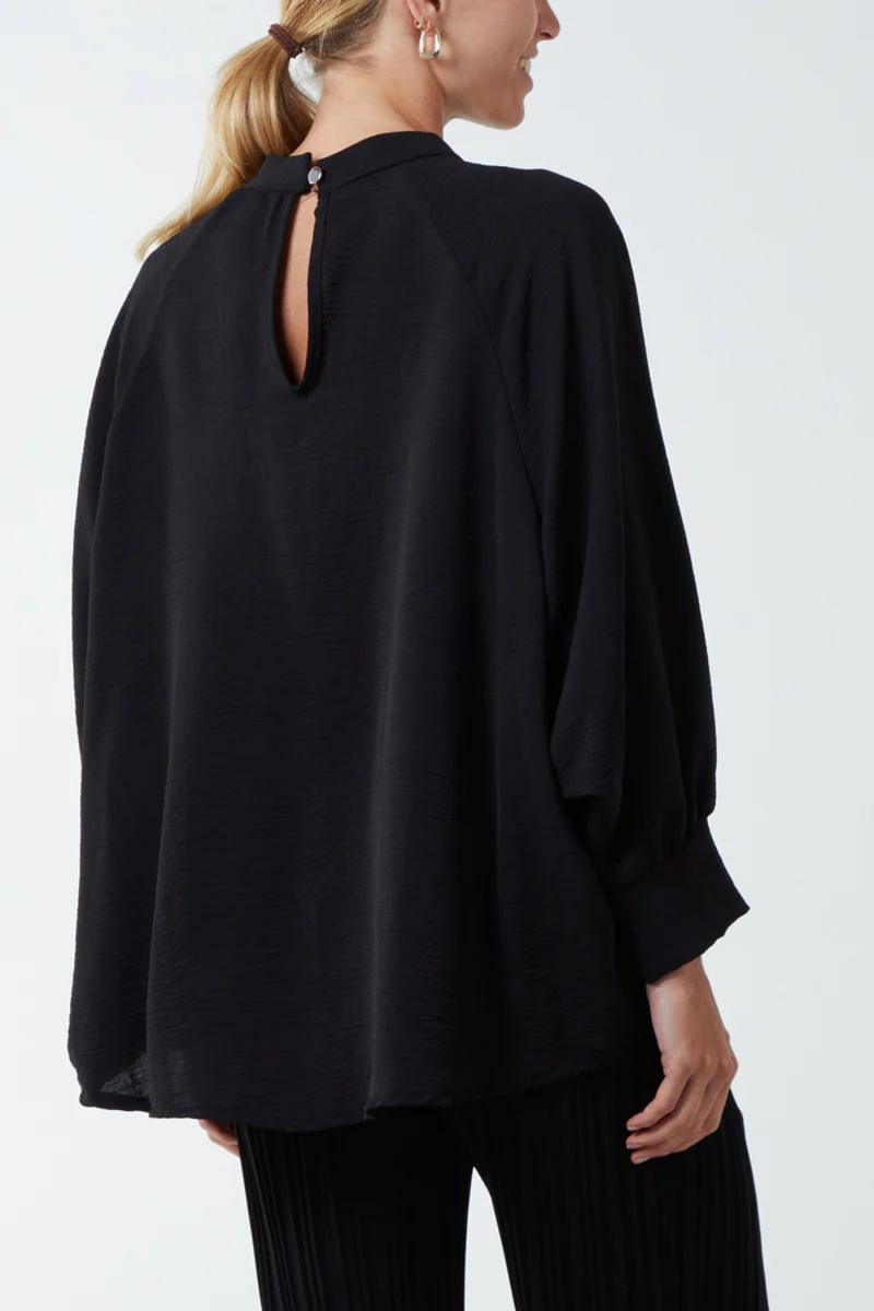 Oversized Batwing Long Sleeves Top with High Neck Detail in Black