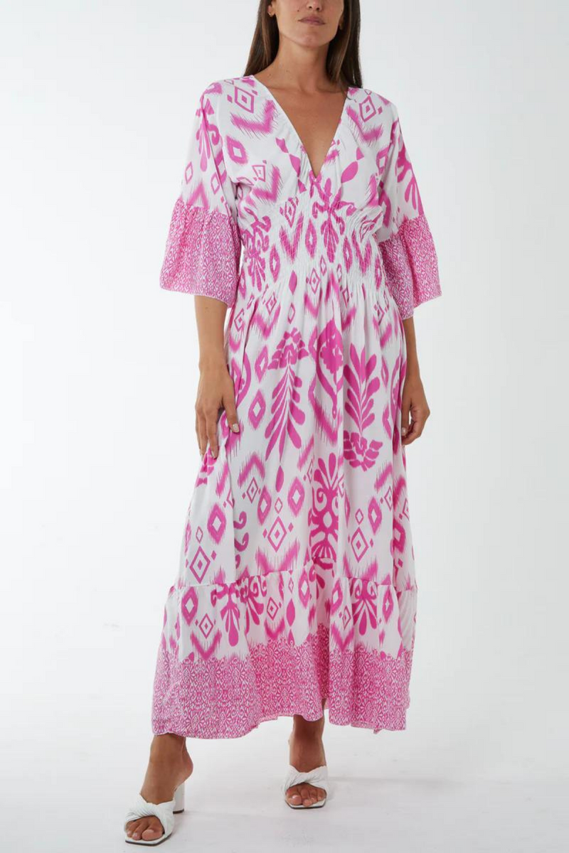 Oversized Flutter Sleeves Shirred Waist Geometrical Print V Neck Maxi Dress in Pink and White