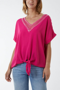 Oversized Short Sleeves Broderie and Sequin Detailed V Neck Blouse Top with Tie Detail in Pink