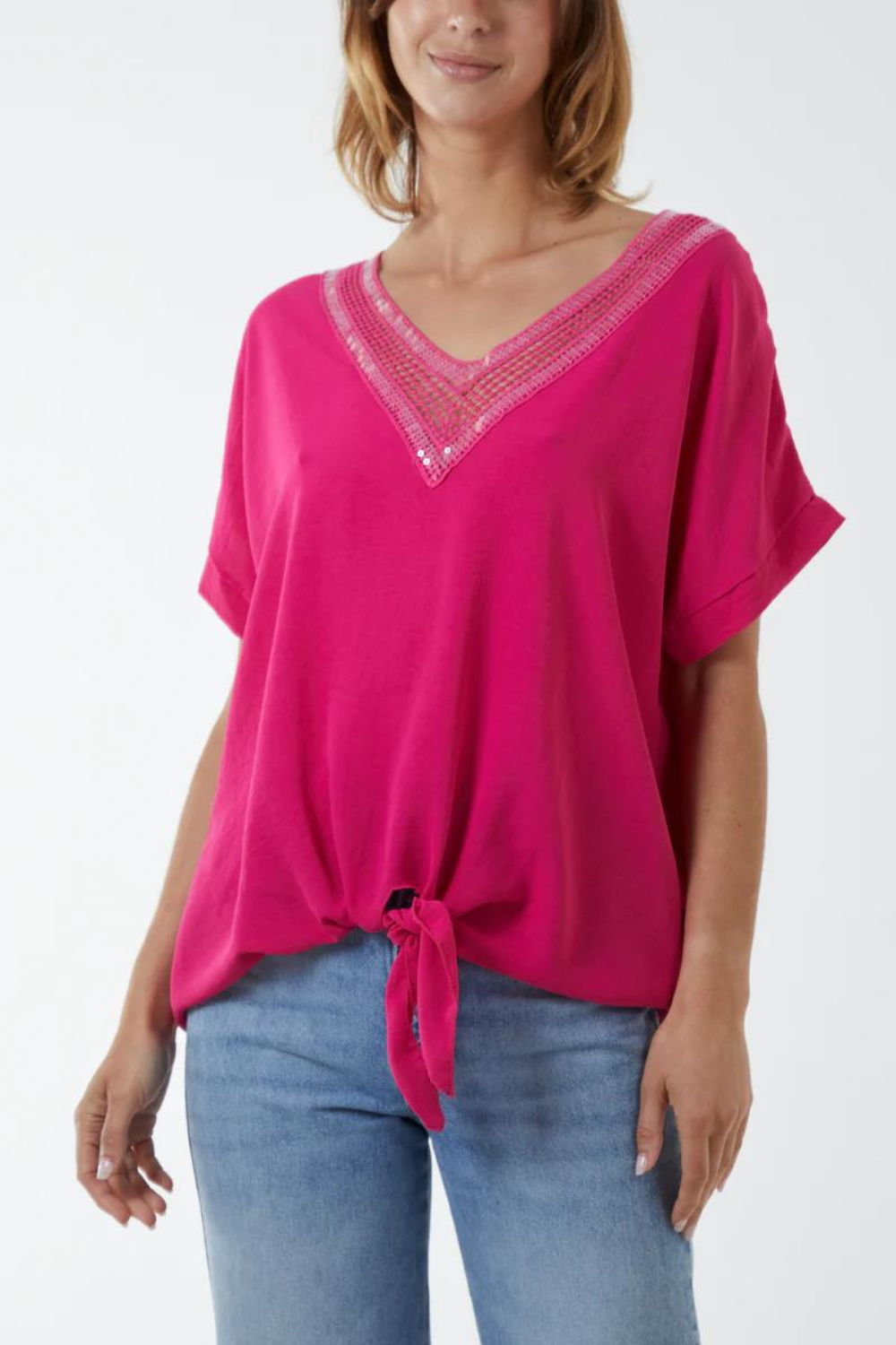 Oversized Short Sleeves Broderie and Sequin Detailed V Neck Blouse Top with Tie Detail in Pink