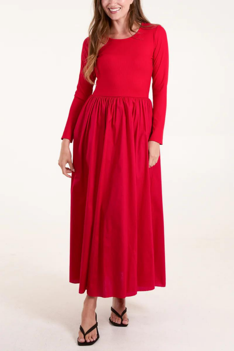 Relaxed Fit Long Sleeves Maxi Dress in Red