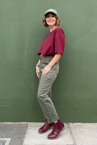 Relaxed Fit Crew Neck Layered Blouse Top with Short Sleeves in Burgundy
