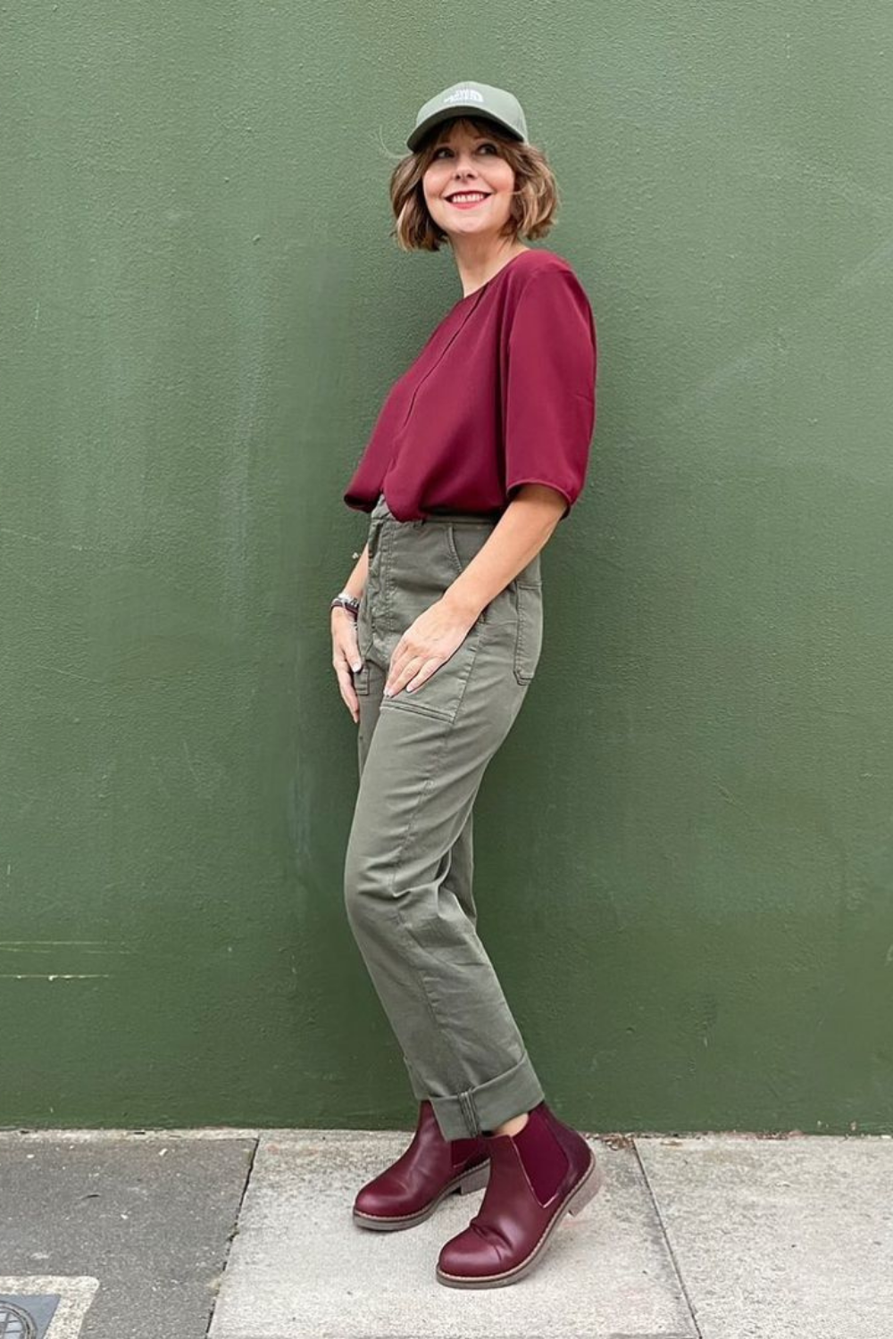Relaxed Fit Crew Neck Layered Blouse Top with Short Sleeves in Burgundy