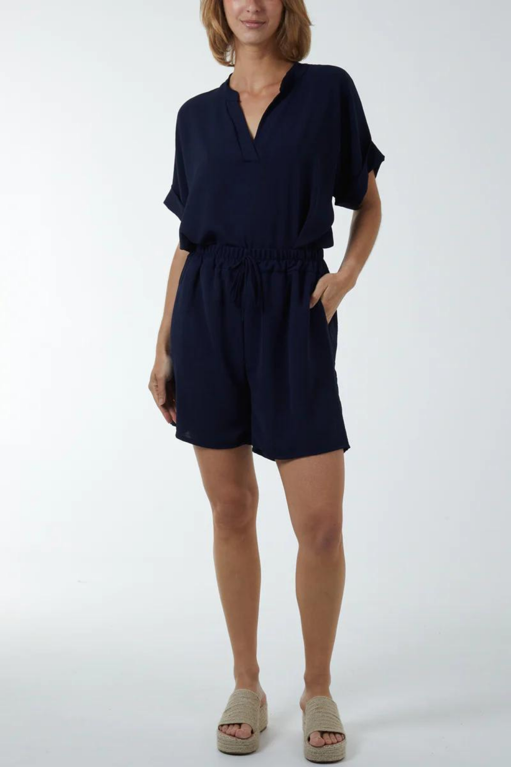 Oversized V Neck Short Sleeves Top and Shorts Co-ord Set in Navy