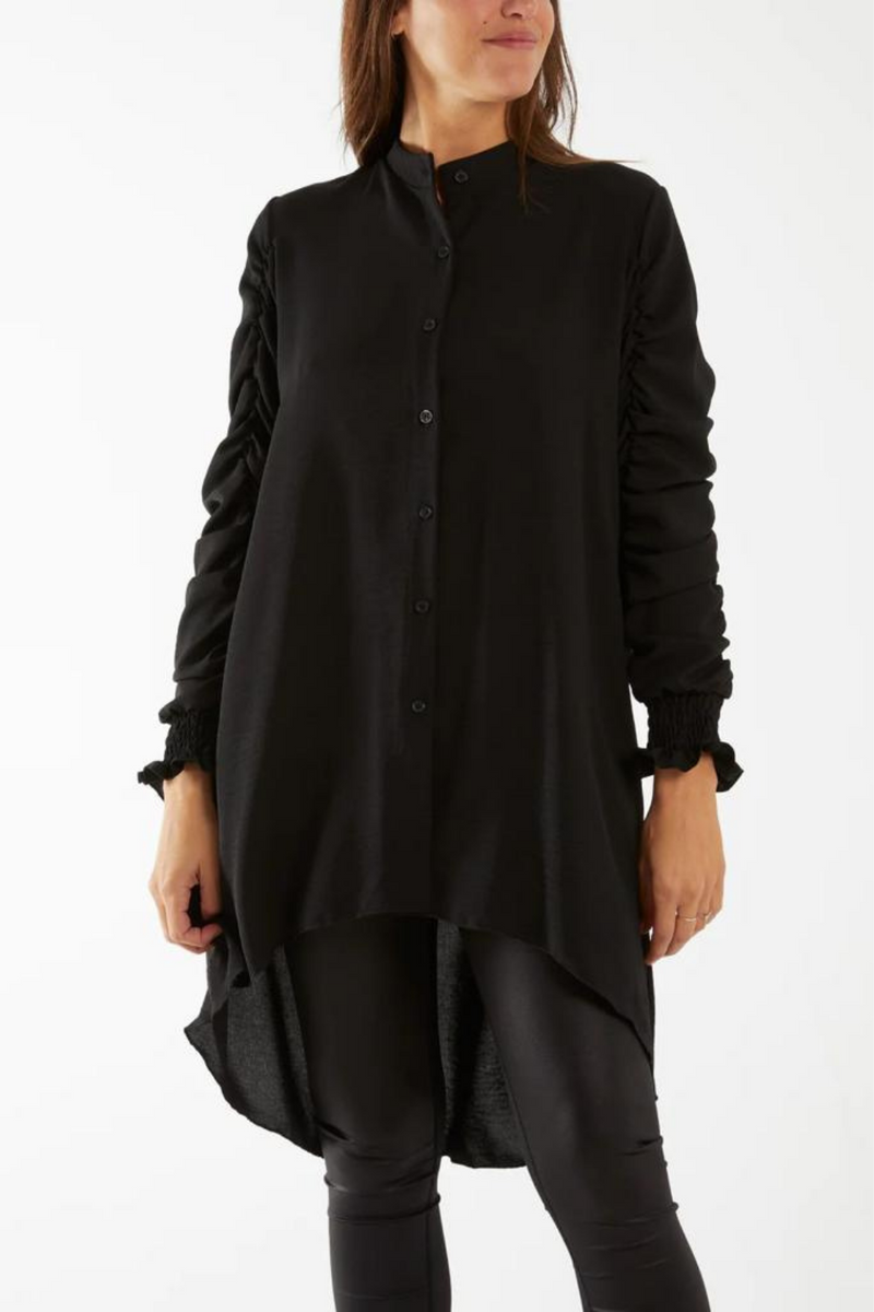 Relaxed Fit Shirred Long Sleeve Ruffle Detailed Shirt Tunic in Black