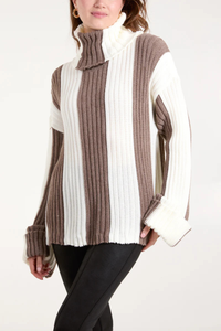 Oversized Roll Neck Detailed Vertical Striped Jumper in Mocha and White