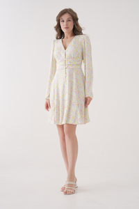 Relaxed Fit Pastel Floral Button-Front Long Sleeve Mini Dress