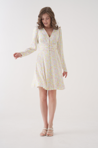 Relaxed Fit Pastel Floral Button-Front Long Sleeve Mini Dress
