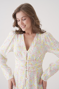 Relaxed Fit Pastel Floral Button-Front Long Sleeve Mini Dress
