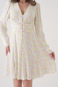 Relaxed Fit Pastel Floral Button-Front Long Sleeve Mini Dress