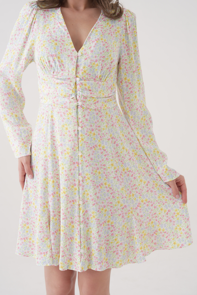 Relaxed Fit Pastel Floral Button-Front Long Sleeve Mini Dress