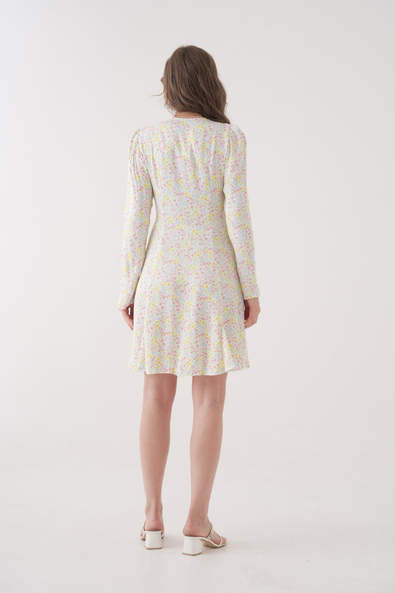 Relaxed Fit Pastel Floral Button-Front Long Sleeve Mini Dress