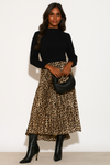 Oversized Long Sleeves High Neck Pleated Maxi Dress with Leopard Print