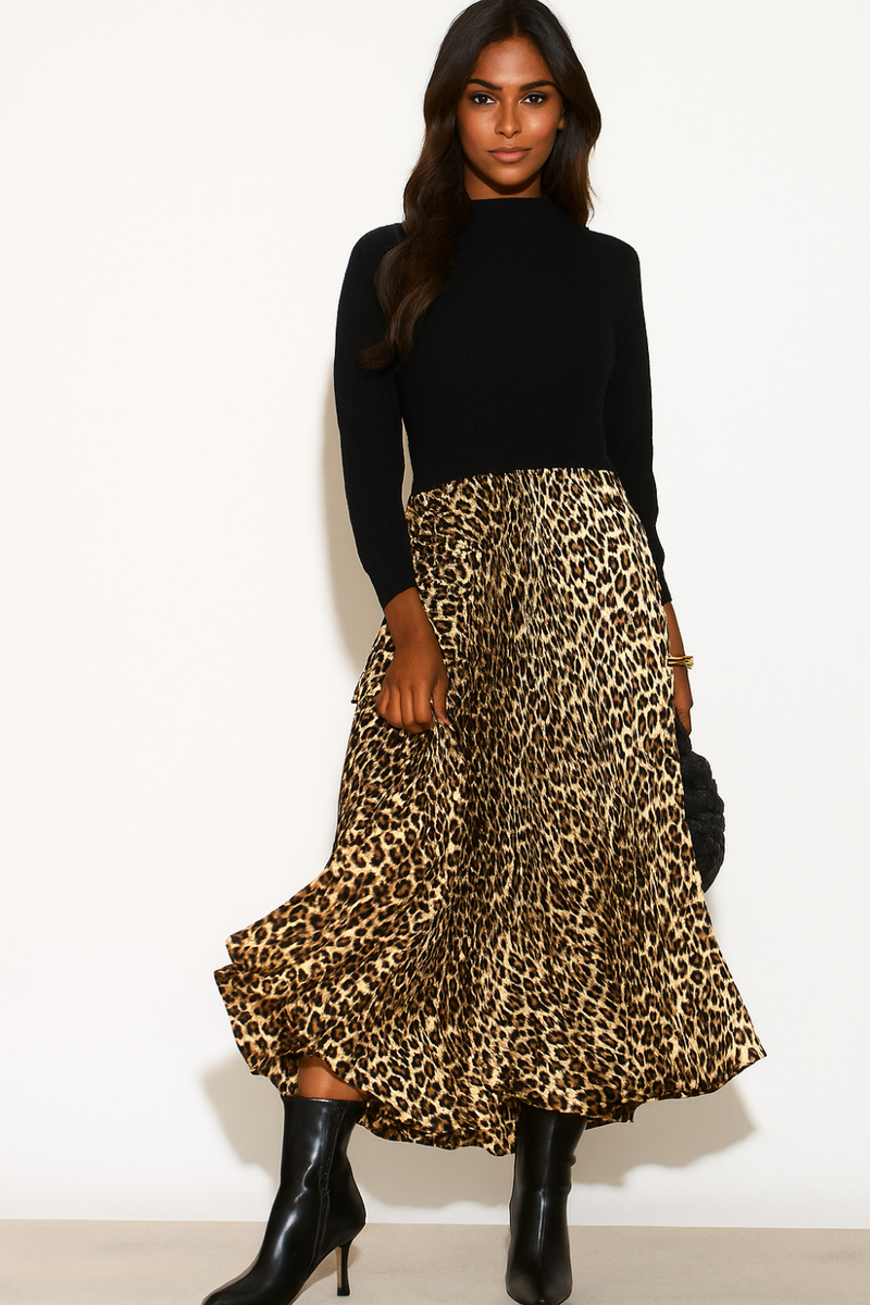 Oversized Long Sleeves High Neck Pleated Maxi Dress with Leopard Print