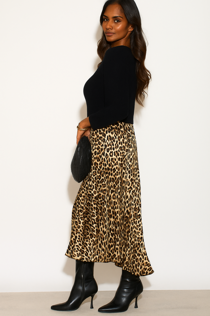 Oversized Long Sleeves High Neck Pleated Maxi Dress with Leopard Print