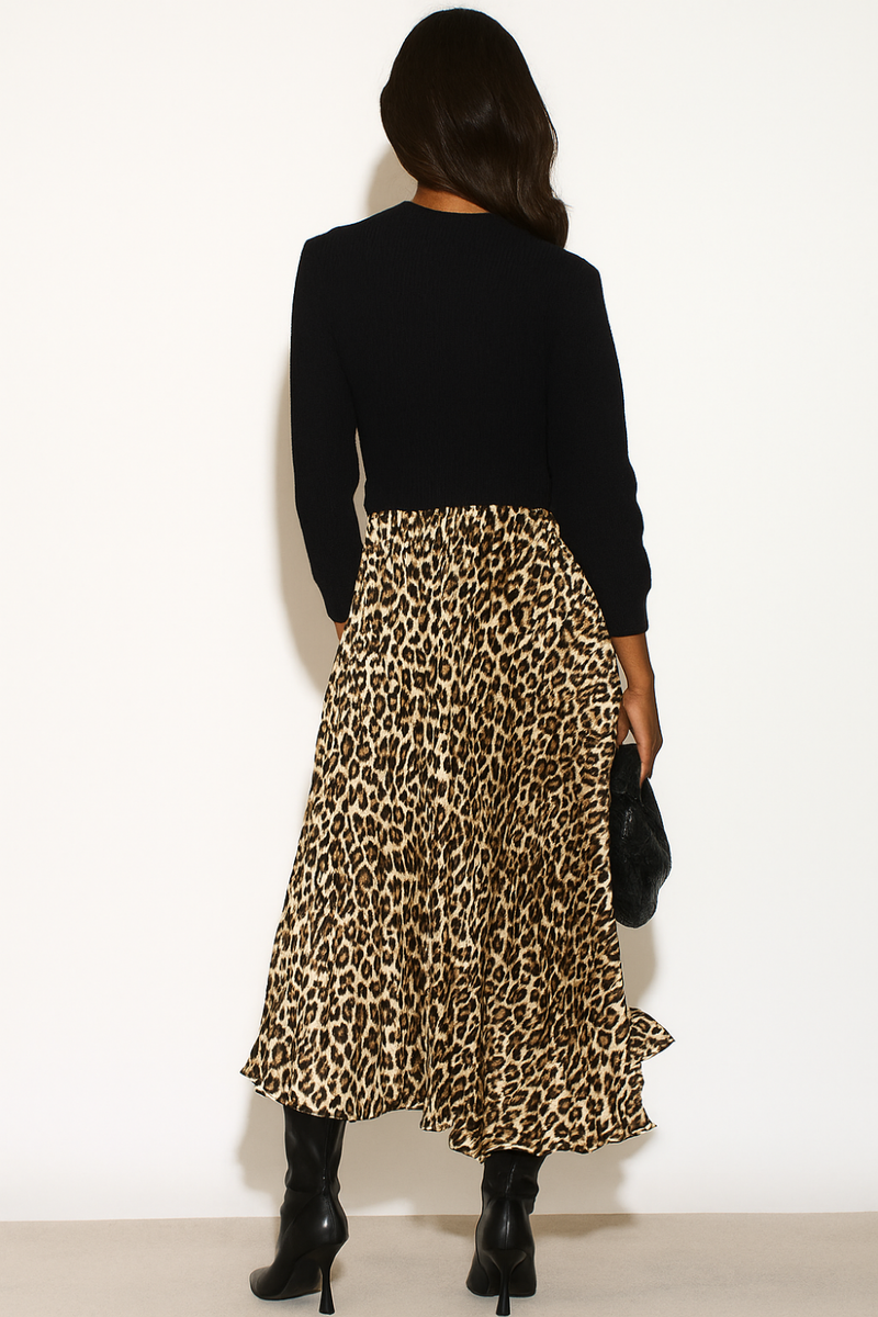 Oversized Long Sleeves High Neck Pleated Maxi Dress with Leopard Print