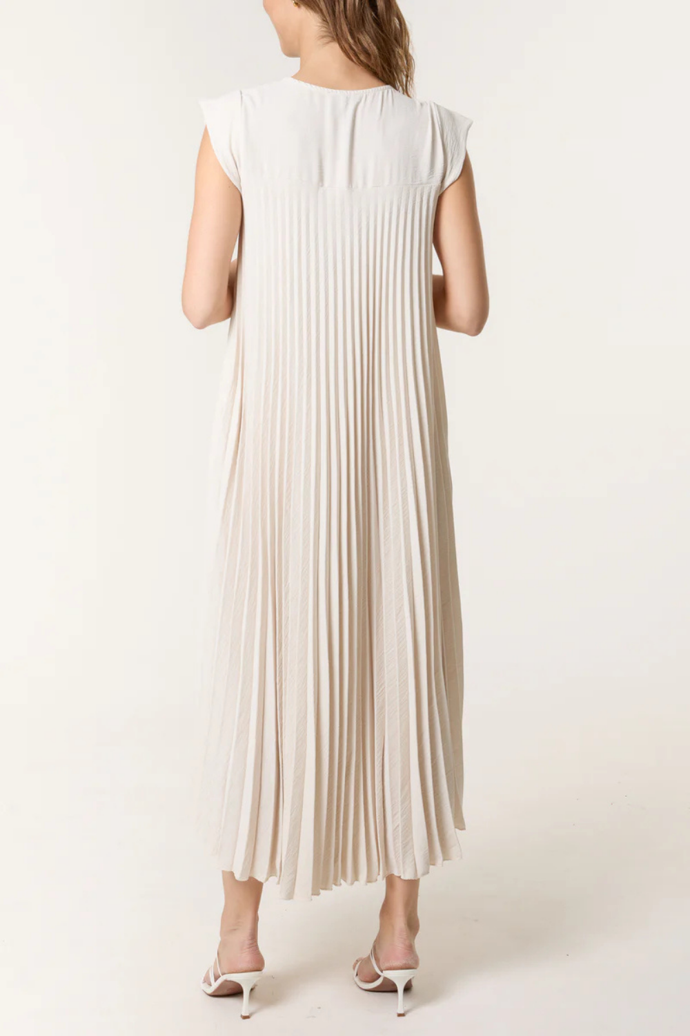 Oversized Cap Sleeve Pleated Maxi Dress in Beige