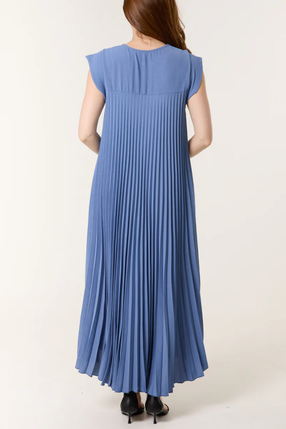 Oversized Cap Sleeve Pleated Maxi Dress in Denim