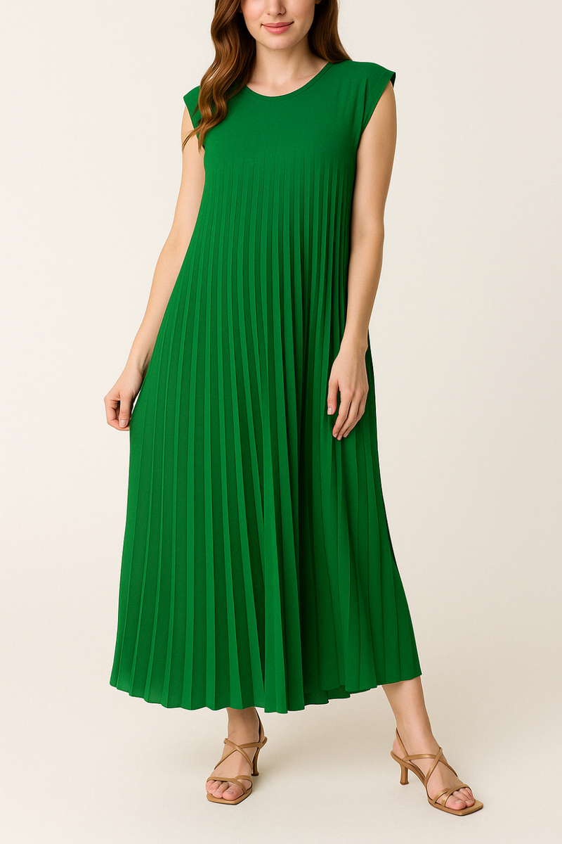 Oversized Cap Sleeve Pleated Maxi Dress in Green