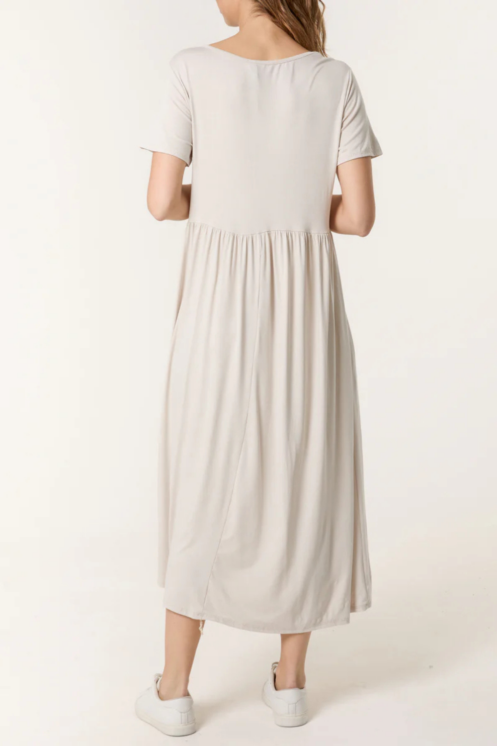 Oversized Round Neck Stretch Tiered Midi Dress in Beige