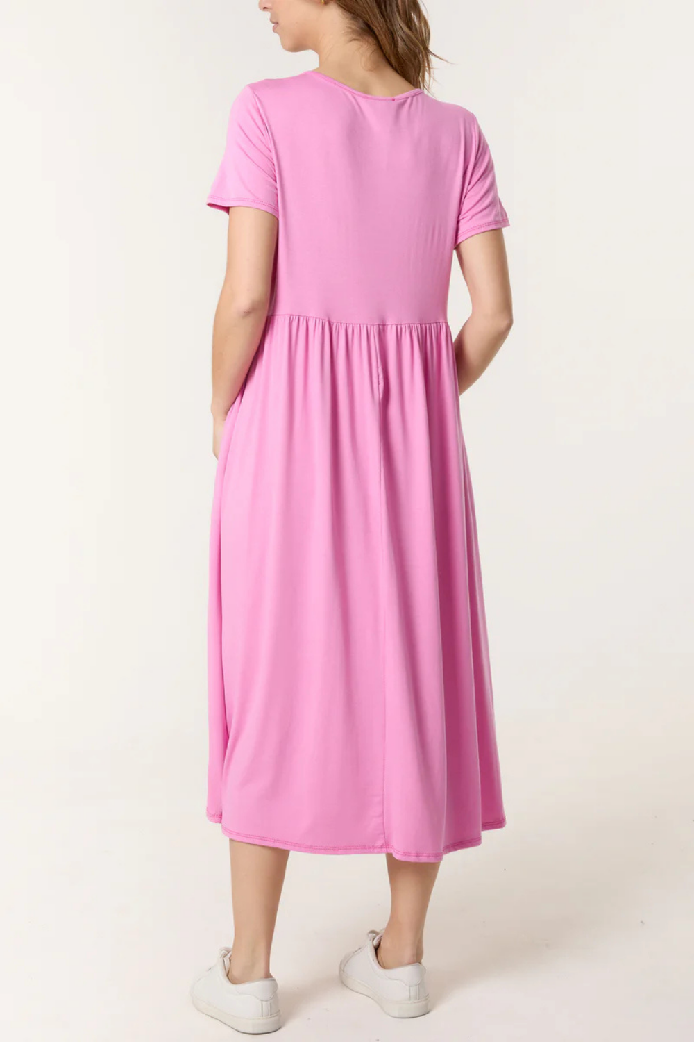 Oversized Round Neck Stretch Tiered Midi Dress in Pink