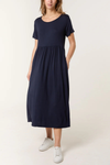 Oversized Round Neck Stretch Tiered Midi Dress in Navy