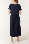 Oversized Round Neck Stretch Tiered Midi Dress in Navy