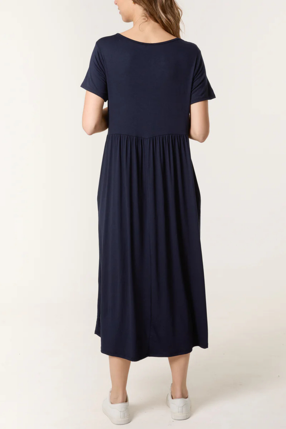 Oversized Round Neck Stretch Tiered Midi Dress in Navy