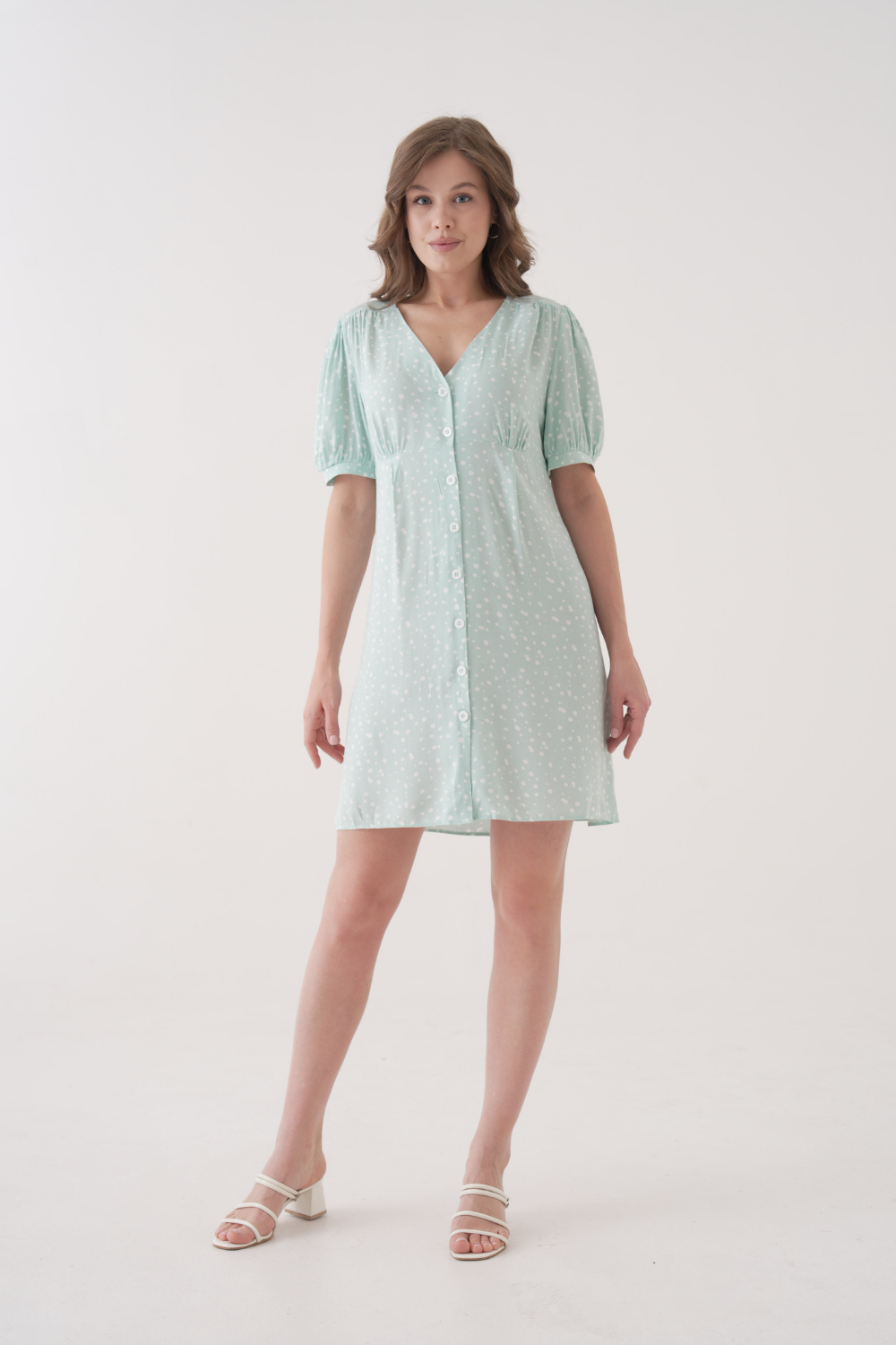 Relaxed Fit Green & White Polka Dot Button-Front Puff-Sleeve Mini Dress