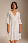 Relaxed Fit Lace Detail Midi Dress with 3/4 Sleeves and V-Neckline in White