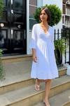 Relaxed Fit Lace Detail Midi Dress with 3/4 Sleeves and V-Neckline in White