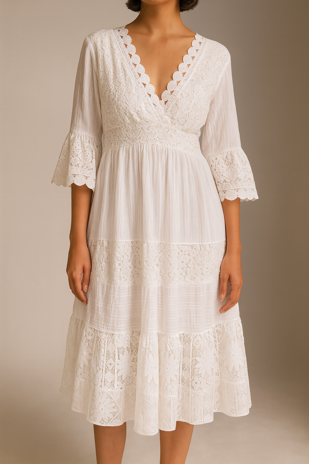 Relaxed Fit Lace Detail Midi Dress with 3/4 Sleeves and V-Neckline in White