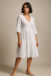 Relaxed Fit Lace Detail Midi Dress with 3/4 Sleeves and V-Neckline in White
