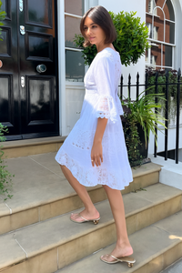 Relaxed Fit Lace Detail Midi Dress with 3/4 Sleeves and V-Neckline in White
