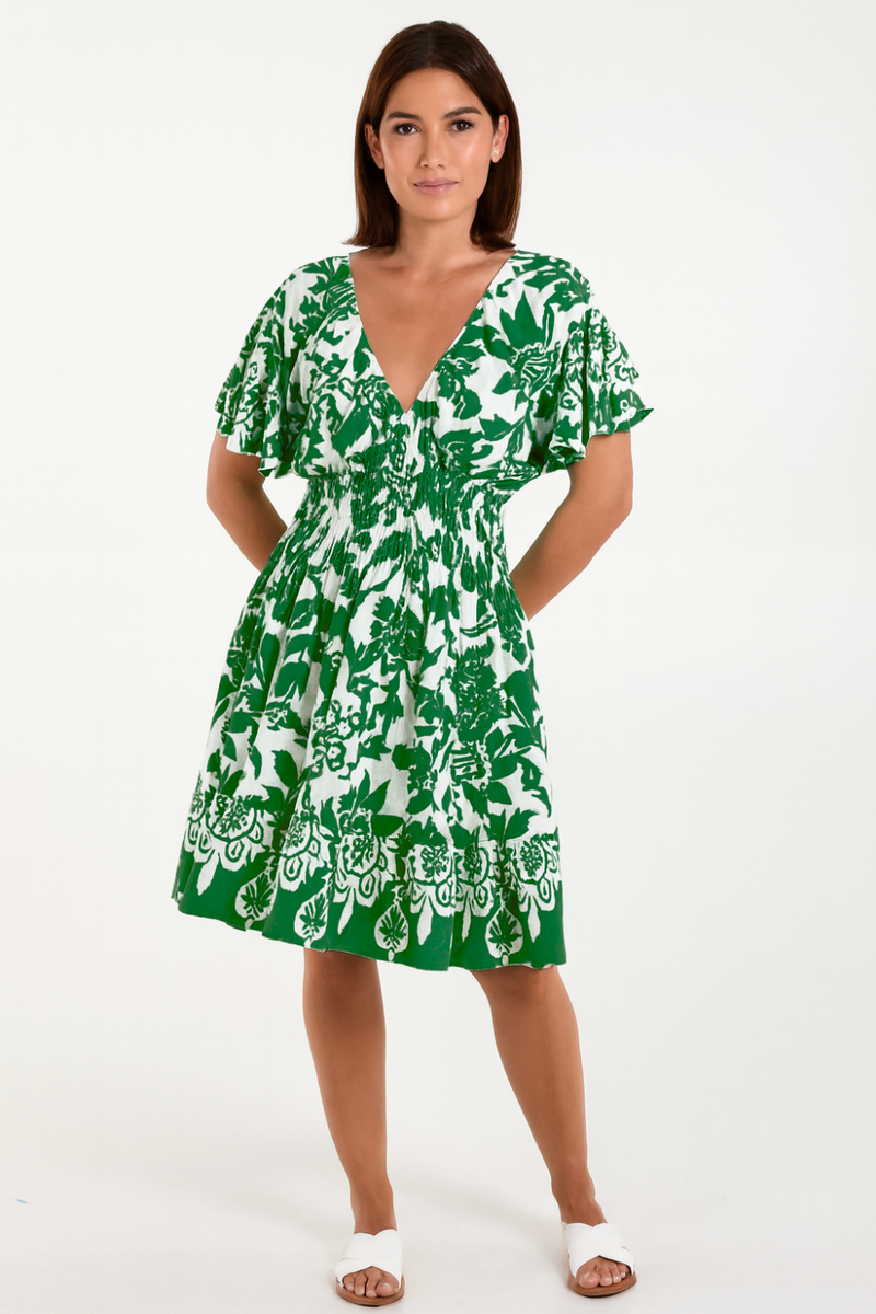 Oversized Floral V-Neck Boho Style Smocked Mini Dress