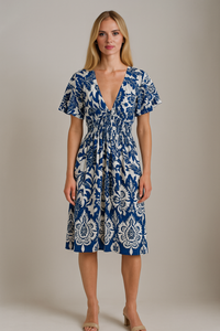 Oversized Floral V-Neck Boho Style Smocked Mini Dress