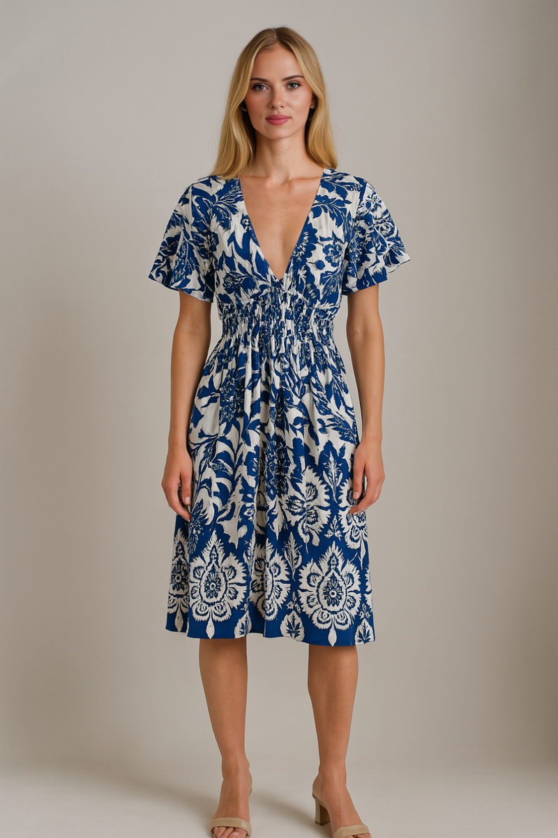 Oversized Floral V-Neck Boho Style Smocked Mini Dress