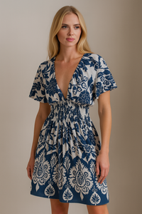 Oversized Floral V-Neck Boho Style Smocked Mini Dress
