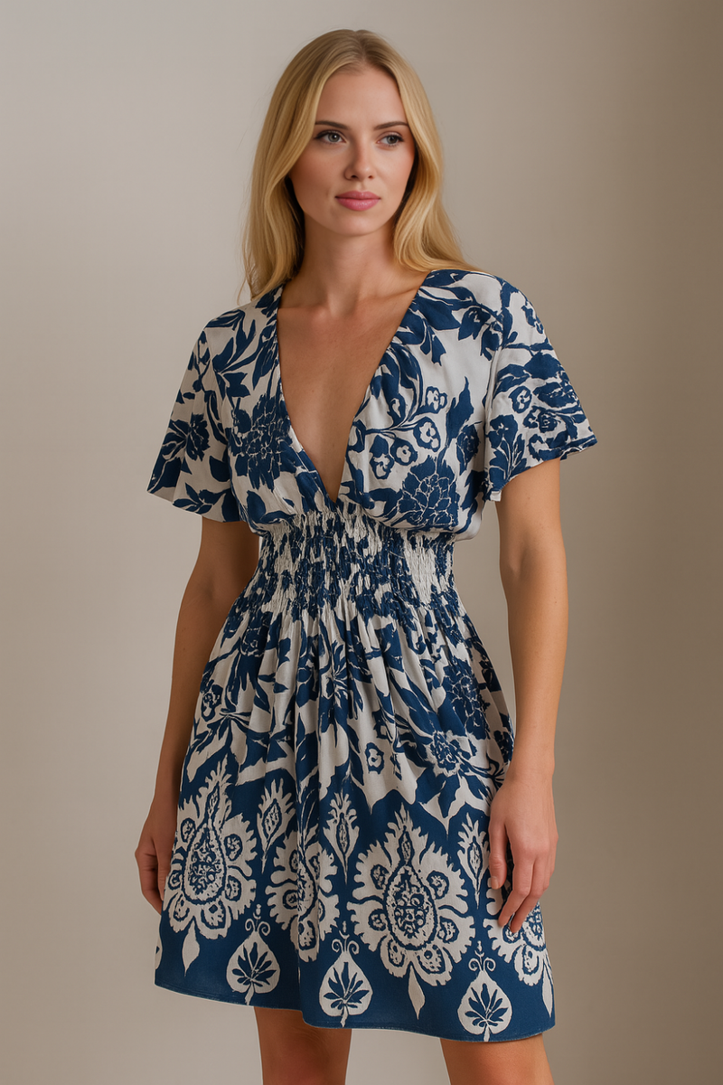 Oversized Floral V-Neck Boho Style Smocked Mini Dress