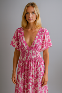 Oversized Floral V-Neck Boho Style Smocked Mini Dress