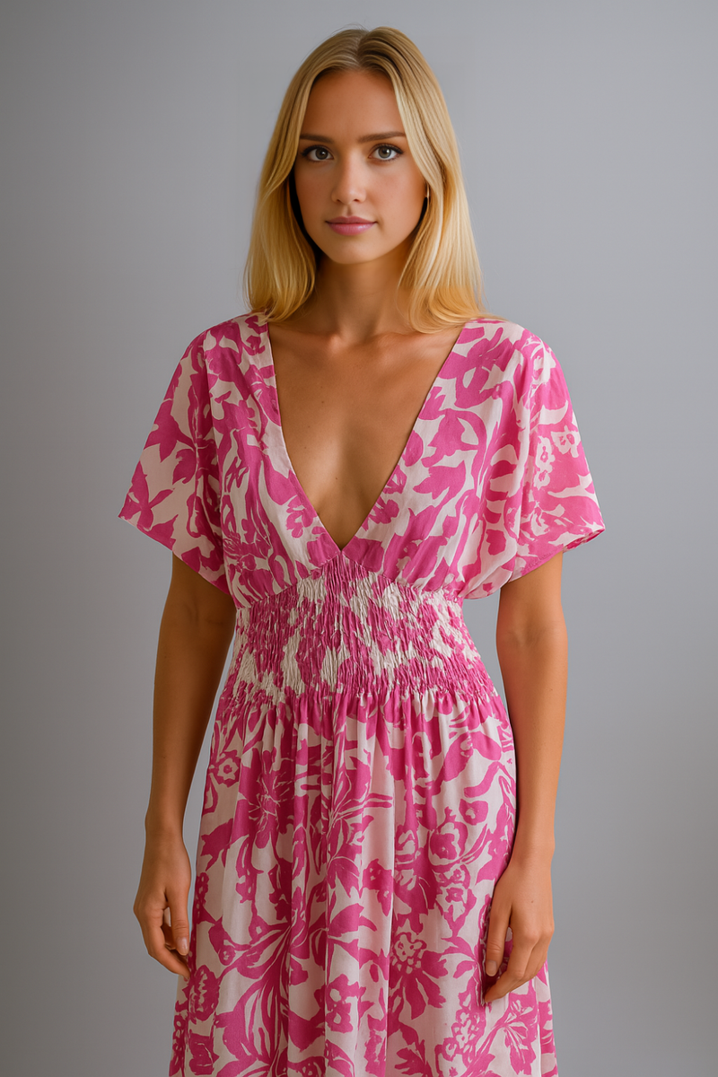 Oversized Floral V-Neck Boho Style Smocked Mini Dress