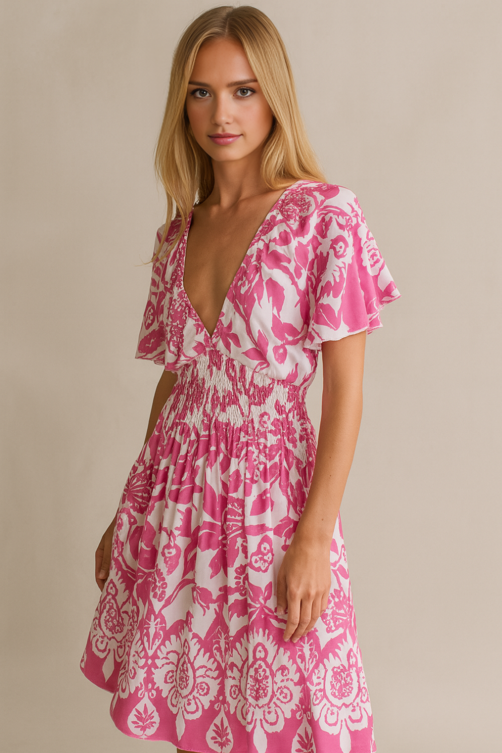 Oversized Floral V-Neck Boho Style Smocked Mini Dress