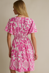 Oversized Floral V-Neck Boho Style Smocked Mini Dress