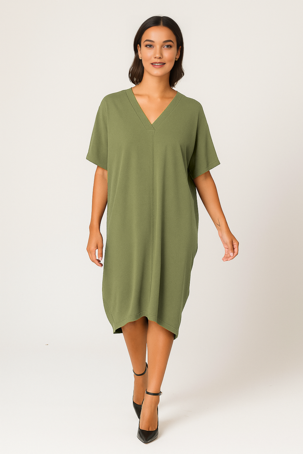 Relaxed Fit V-Neck Batwing Sleeve Midi Dress Kaftan Style in Khaki