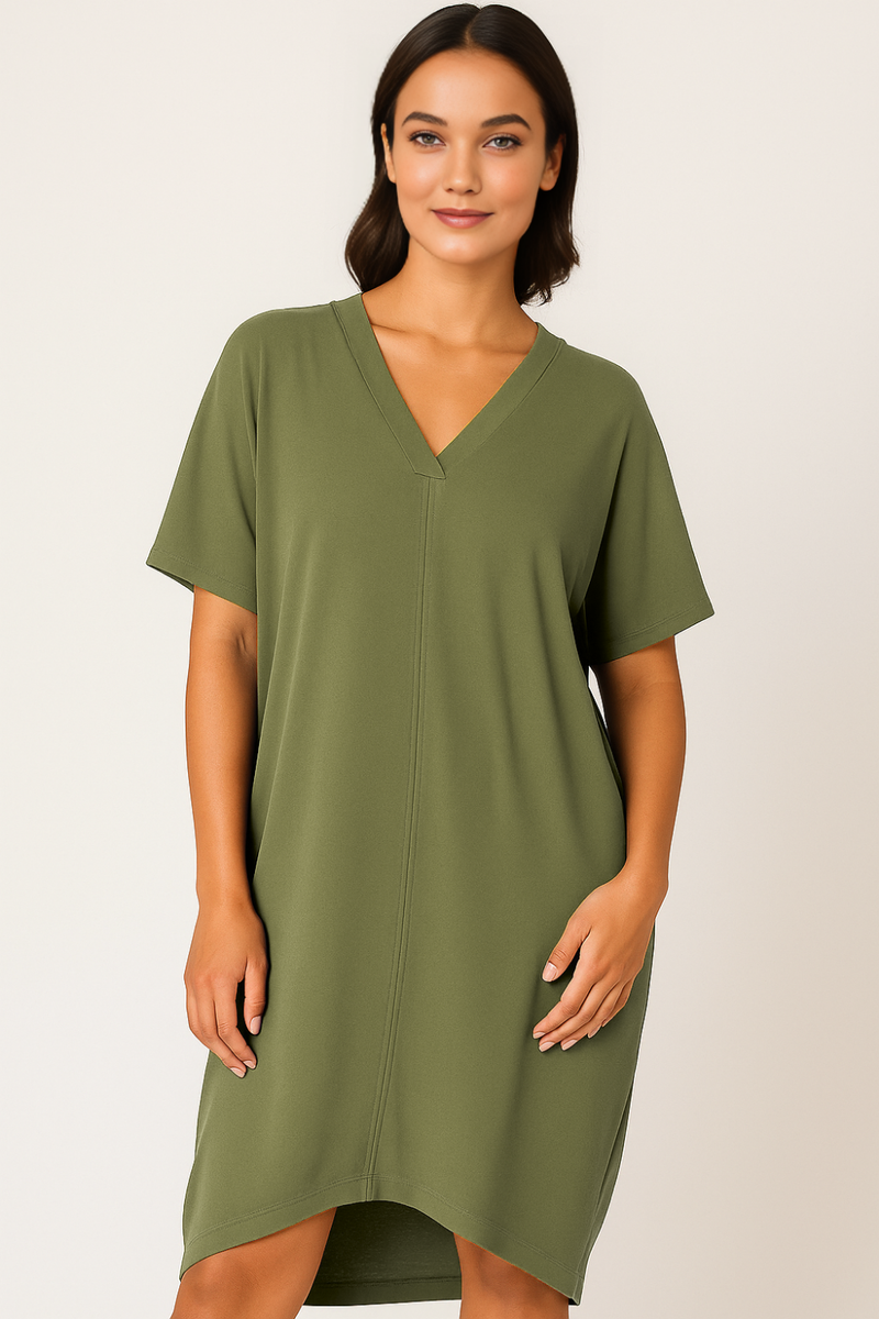 Relaxed Fit V-Neck Batwing Sleeve Midi Dress Kaftan Style in Khaki